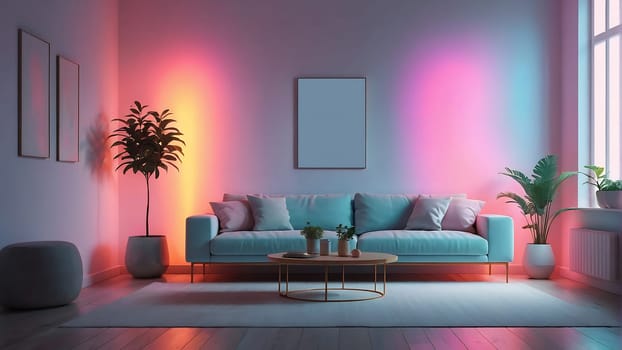 Aesthetic minimalist Cyberpunk interior design with empty wall mockup in vibrant neon color theme.