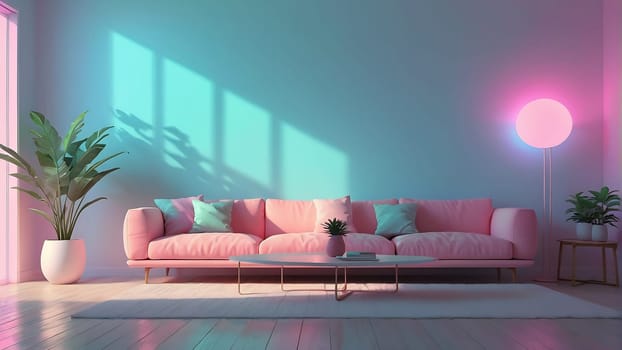 Aesthetic minimalist Cyberpunk interior design with empty wall mockup in vibrant neon color theme.