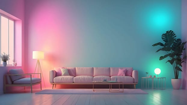 Aesthetic minimalist Cyberpunk interior design with empty wall mockup in vibrant neon color theme.