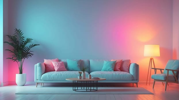 Aesthetic minimalist Cyberpunk interior design with empty wall mockup in vibrant neon color theme.