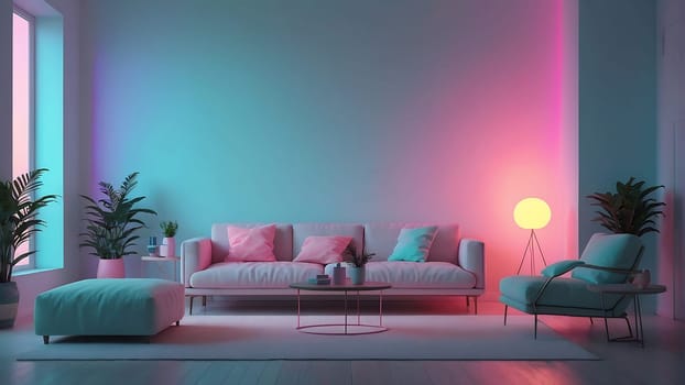 Aesthetic minimalist Cyberpunk interior design with empty wall mockup in vibrant neon color theme.