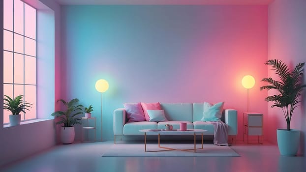 Aesthetic minimalist Cyberpunk interior design with empty wall mockup in vibrant neon color theme.