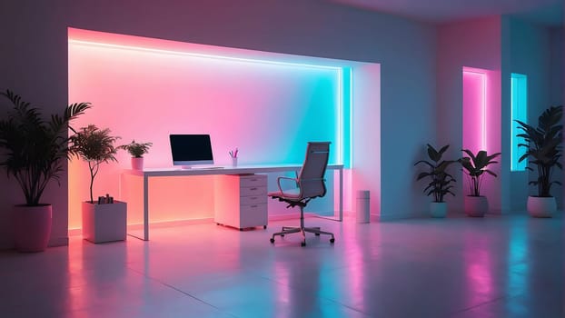 Aesthetic minimalist Cyberpunk interior design with empty wall mockup in vibrant neon color theme.