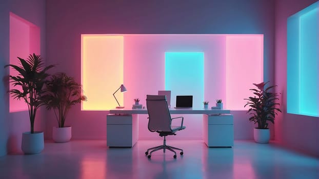 Aesthetic minimalist Cyberpunk interior design with empty wall mockup in vibrant neon color theme.