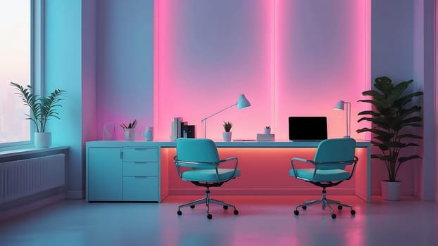 Aesthetic minimalist Cyberpunk interior design with empty wall mockup in vibrant neon color theme.