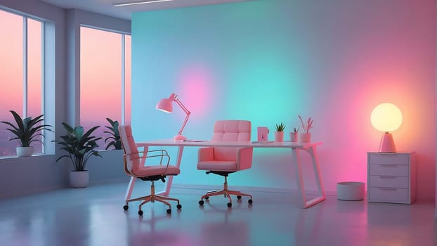 Aesthetic minimalist Cyberpunk interior design with empty wall mockup in vibrant neon color theme.