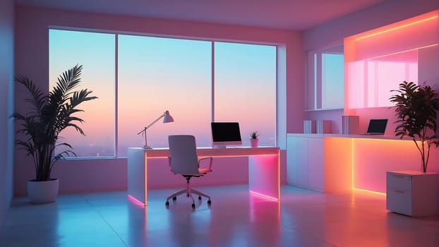 Aesthetic minimalist Cyberpunk interior design with empty wall mockup in vibrant neon color theme.