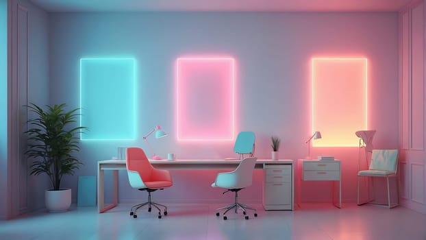 Aesthetic minimalist Cyberpunk interior design with empty wall mockup in vibrant neon color theme.