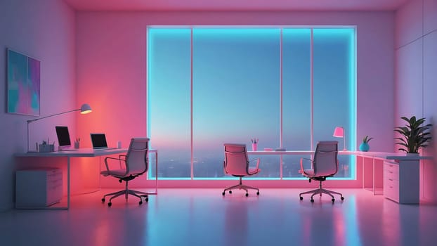 Aesthetic minimalist Cyberpunk interior design with empty wall mockup in vibrant neon color theme.