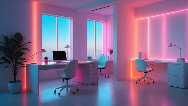 Aesthetic minimalist Cyberpunk interior design with empty wall mockup in vibrant neon color theme.