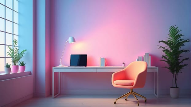 Aesthetic minimalist Cyberpunk interior design with empty wall mockup in vibrant neon color theme.