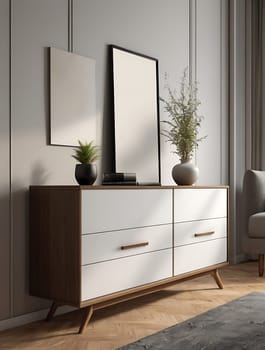 Blank empty cabinet wall mockup in modern minimalist interior design style. Contemporary living room interior concept.