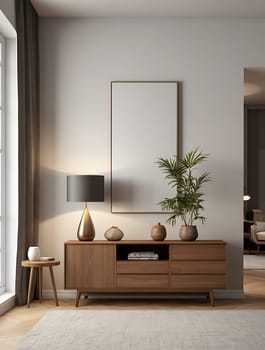 Blank empty cabinet wall mockup in modern minimalist interior design style. Contemporary living room interior concept.