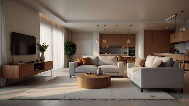 Minimalist Scandinavian interior design with empty wall mockup in beige color theme. Contemporary living room interior concept.