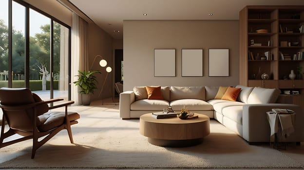 Minimalist Scandinavian interior design with empty wall mockup in beige color theme. Contemporary living room interior concept.