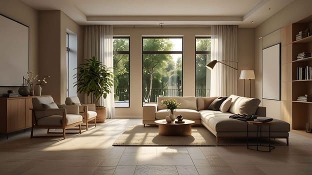 Minimalist Scandinavian interior design with empty wall mockup in beige color theme. Contemporary living room interior concept.