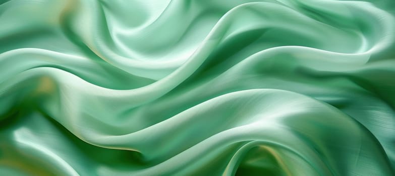 The image depicts a closeup of emerald green satin material with flowing patterns resembling water waves in nature