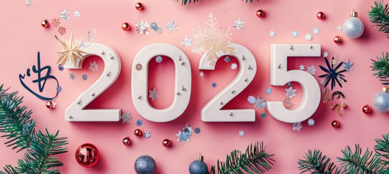 The year 2025 is shown in white on a pink background, with Christmas decorations such as ornaments and lights around it
