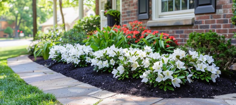 A garden with white and red flowers enhances the charm of the surroundings in front of a brick house