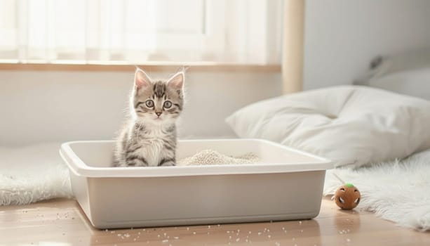 A small to mediumsized cat, a kitten, looks comfortable sitting in a litter box on the hardwood floor