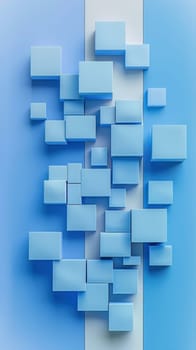 Azure rectangles layered on blue and white backdrop in a symmetrical pattern, showcasing creative arts