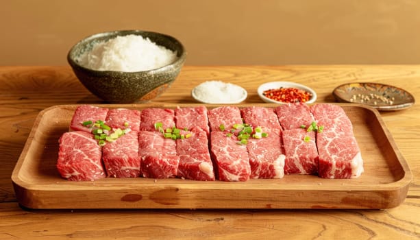 Resting on a table, a wooden tray displays a combination of meat and rice, suggesting a delicious meal