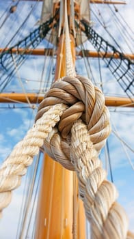 The image shows a closeup of a rope attached to a mast on a boat, providing a detailed view of the scene