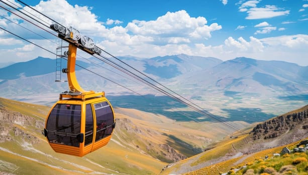 A yellow cable car ascends a mountain, offering a scenic view of the natural landscape as it travels through the sky