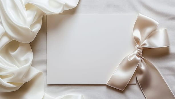 Satin bow on white card with beige material, silver accessory, paper product, peach collar, transparency