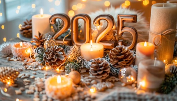 The table is beautifully decorated for New Years, set with candles and pine cones to bring a festive ambiance