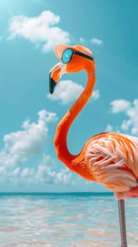 A stunning view of a flamingo at the beach, donning sunglasses and a hat, set against the backdrop of the sea