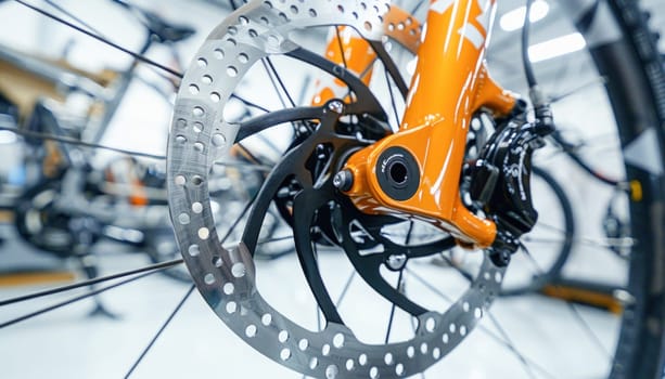 The picture showcases a bicycle wheel featuring a disc brake setup for improved braking performance