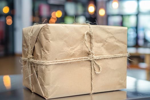 A brown box covered in paper and string rests on the table, evoking a sense of adventure and sophistication