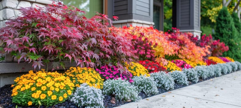 A neat row of vibrant flowers decorates the front of a house, adding a colorful touch to the landscape
