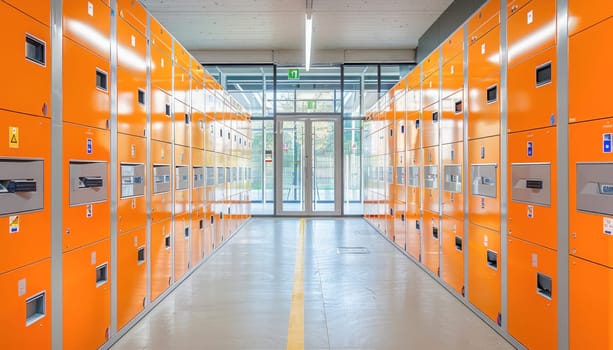 The hallway in the building is easily noticeable due to its numerous orange lockers, creating a distinctive appearance