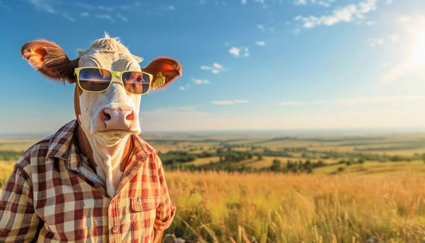 A cow in a plaid shirt and sunglasses stands in the field under the sky, providing a quirky and amusing sight