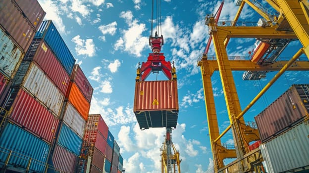 In the harbor, a crane is lifting a container with great precision and strength, maneuvering with skill