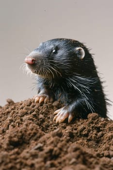 A small black mole belonging to the Mustelidae family is found underground, living in a terrestrial environment