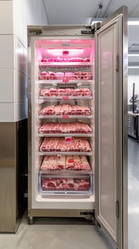 The kitchen refrigerator displays a diverse selection of meat products, including various cuts and types