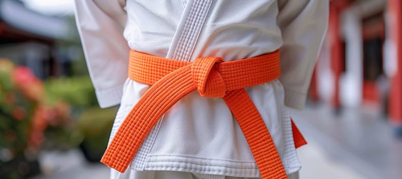 The figure in a crisp white karate outfit with a vibrant orange belt is immediately attentiongrabbing