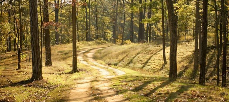 In the midst of a forest lies a dirt road surrounded by trees and lush greenery, creating a natural landscape