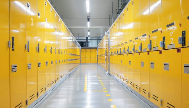 A long hallway with yellow lockers runs through a warehouse, creating a symmetrical and organized space