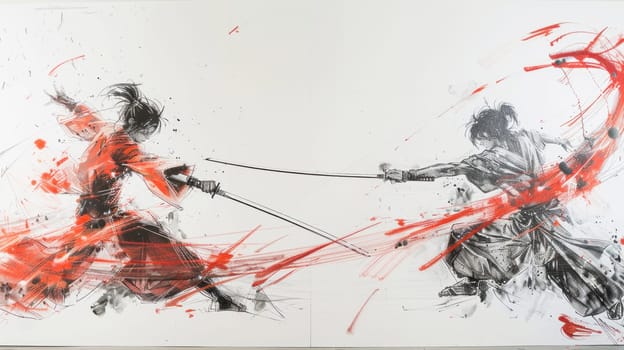 Two samurai warriors battle in a majestic painting, wielding sharp swords with skill and determination