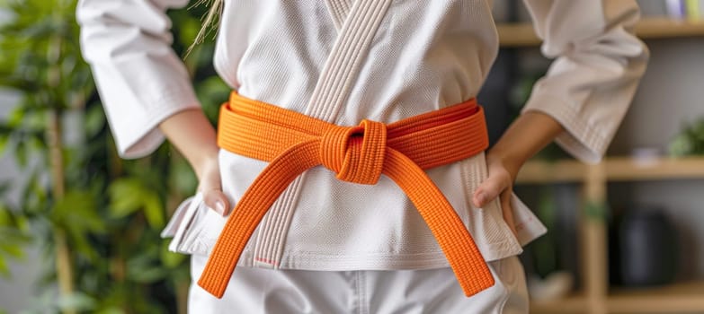 The individual is clad in a white karate outfit with an orange belt, showcasing a unique and stylish look