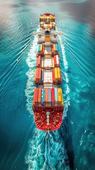A massive container vessel shows naval architecture and the art of symmetry in ship design, floating on water