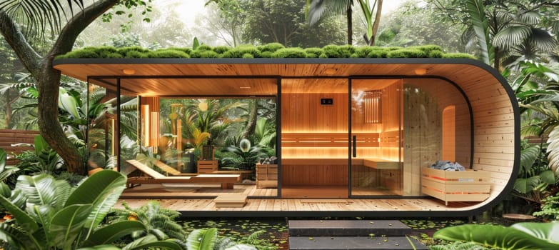 In the heart of the forest sits a wooden house with a lush green roof, blending harmoniously with the natural landscape