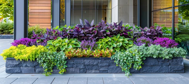 A variety of plants in a planter outside a building form a lively and colorful display, enhancing the surroundings