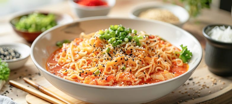 Delicious noodles with tomato sauce and chopsticks on a wooden table, inviting you to savor the meal with comfort