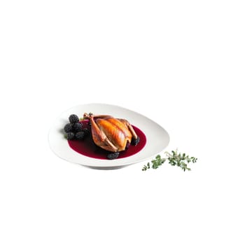 Roasted pheasant crispy skin herb stuffed blackberry sauce thyme sprigs Culinary and Food concept Final. Food isolated on transparent background