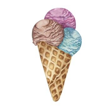 Coffee, chocolate, berry and bubblegum or cotton candy cream scoops in waffle cone clipart . Dessert realistic watercolor illustration of cold treats for labels, menu, culinary design, summer fair